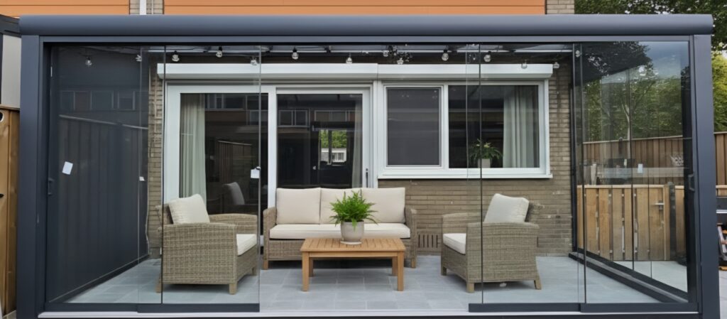 Aluminium veranda met zonwering en glazenschuifwanden in Apeldoorn Ce-veranda's